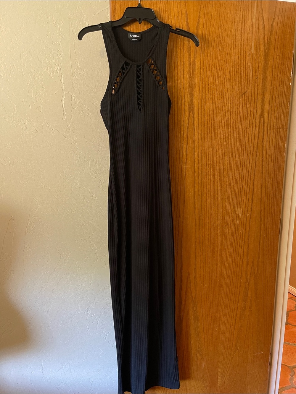 bebe Black Ribbed Maxi with Cutout Lace Inserts Small